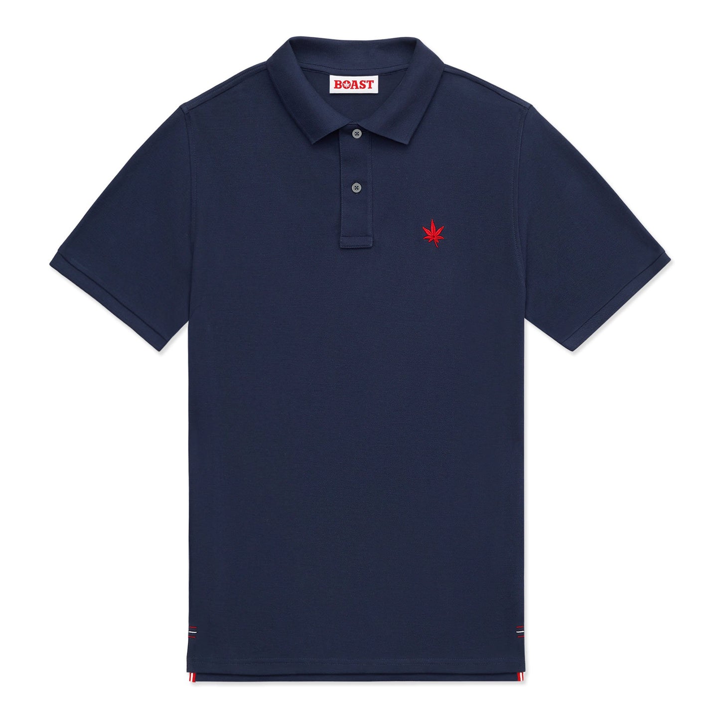 Navy polo with red embroidered leaf on the left chest.