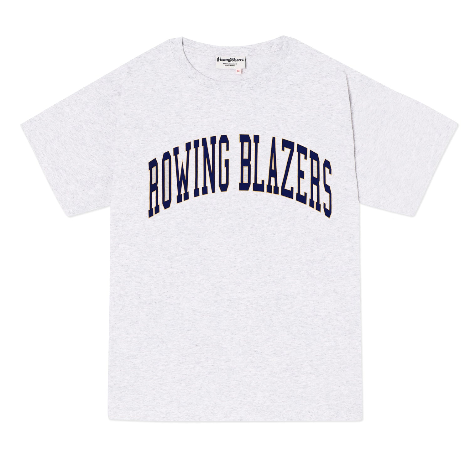 Classic light heather gray collegiate tee with "Rowing Blazers" across the front in navy.