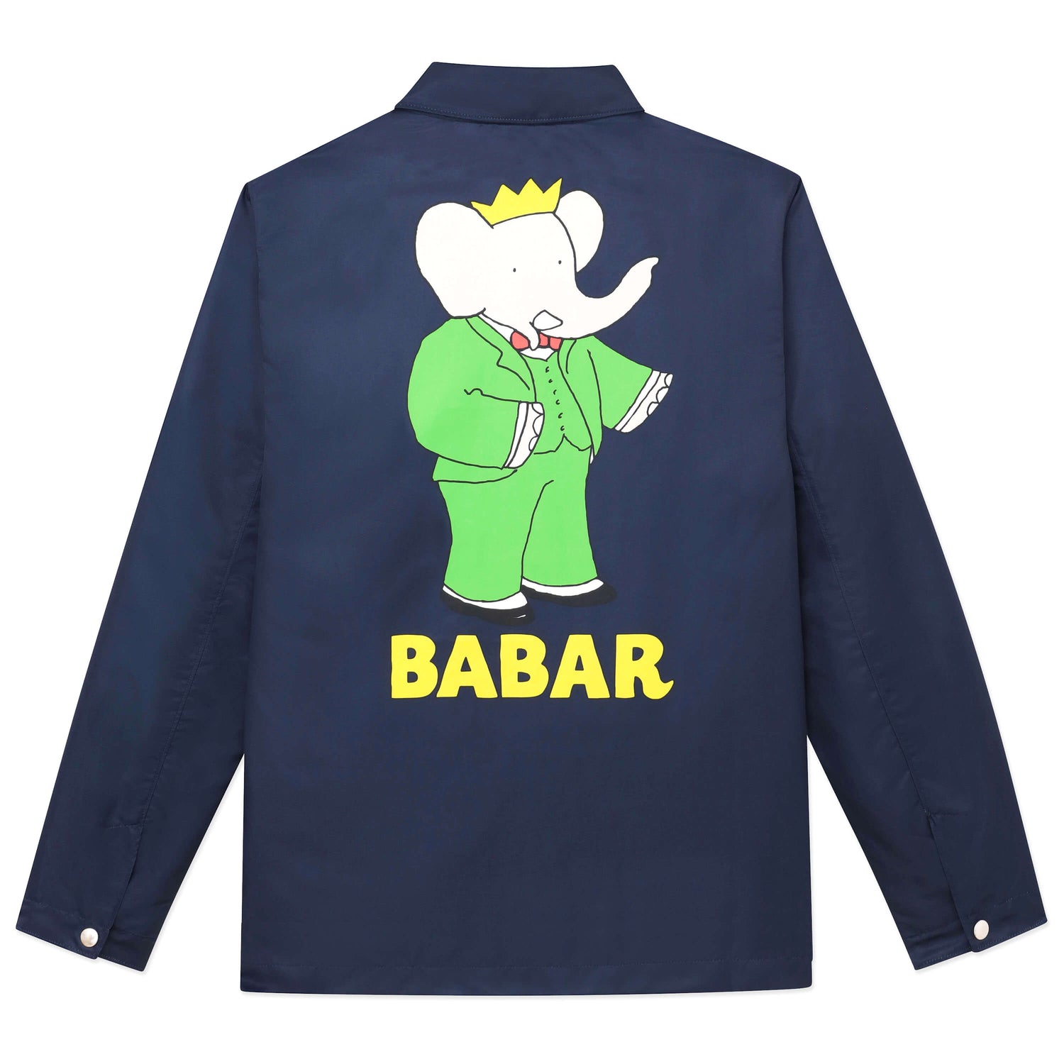 Back of navy coach's jacket with printed Babar motif.