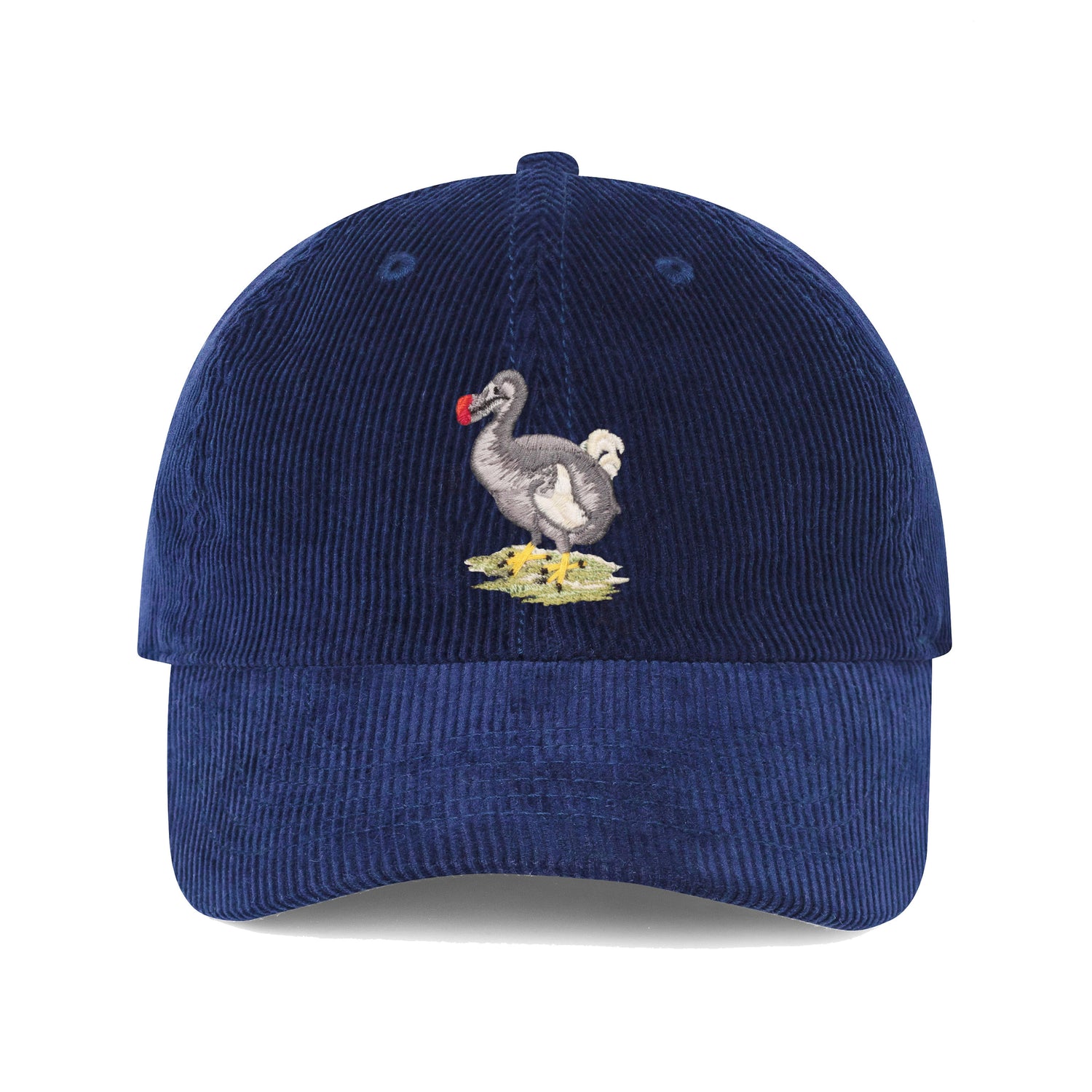 Navy corduroy hat with with satin-stitched dodo bird motif.