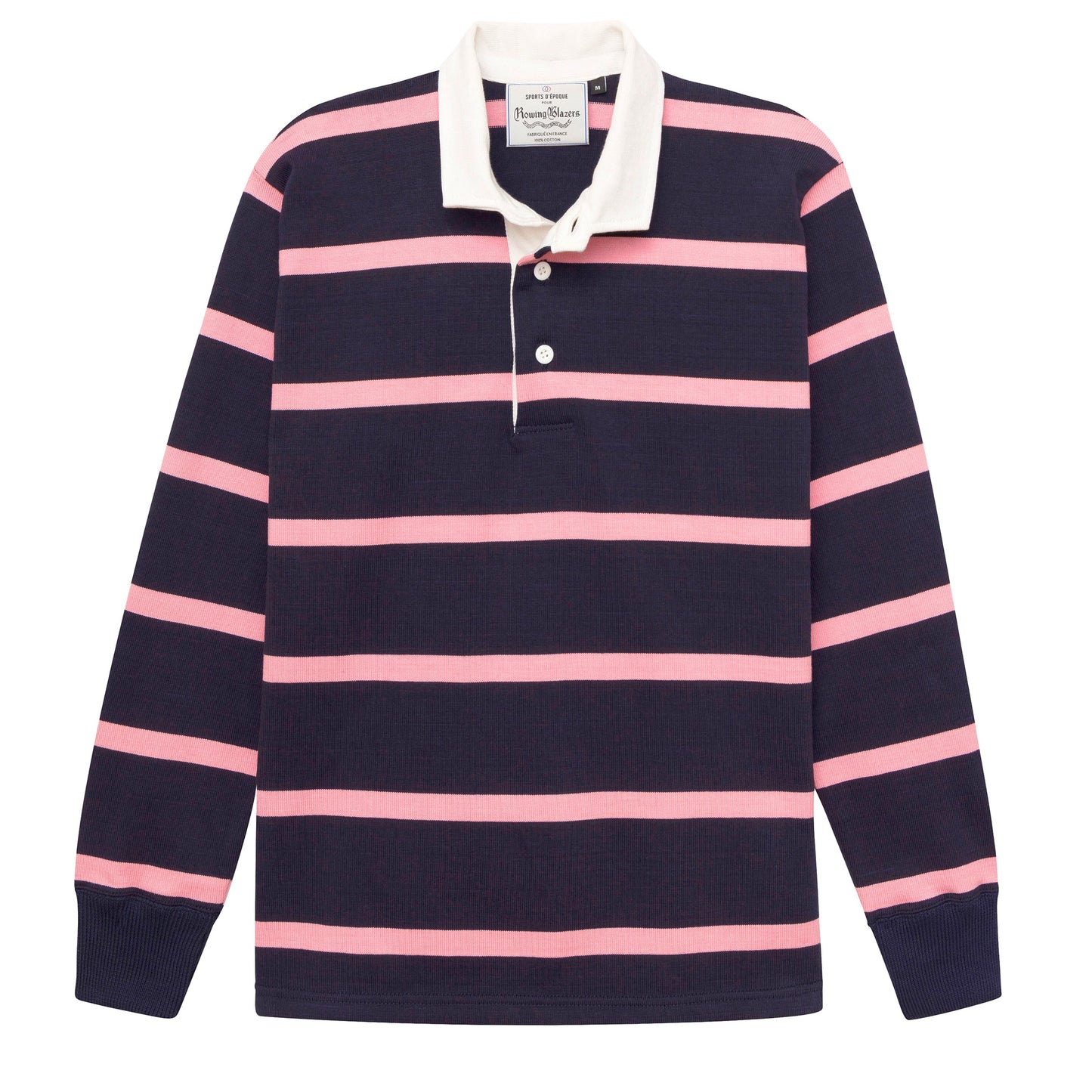Rugby jersey with navy and pink horizontal stripes. 