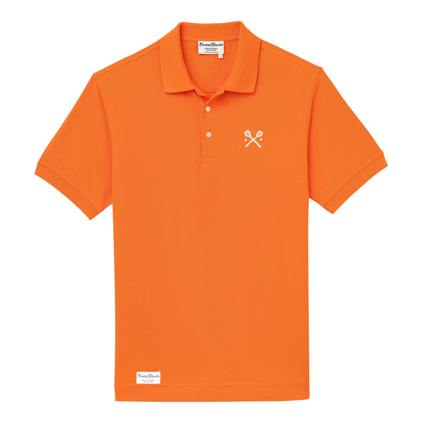 Orange polo jersey with embroidered crossed racquets motif.