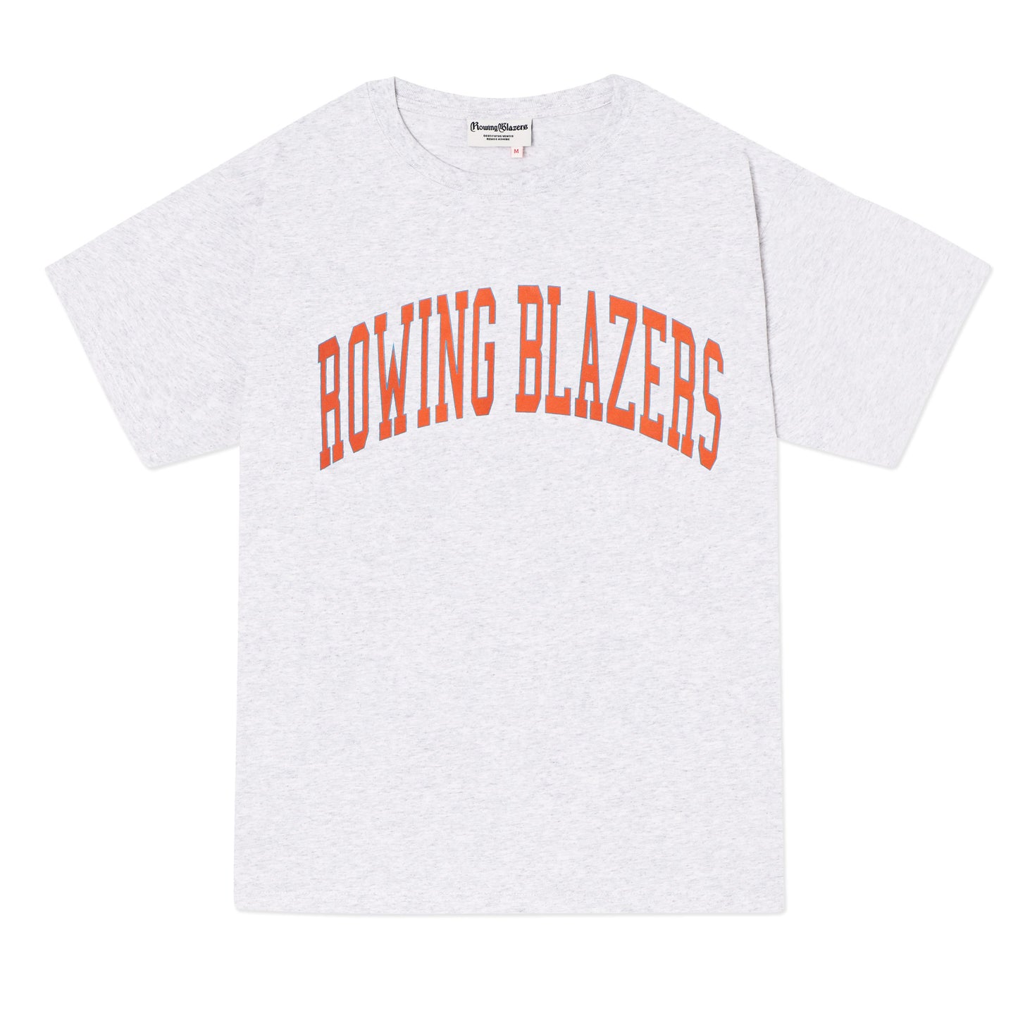 Classic light heather gray collegiate tee with "Rowing Blazers" across the front in orange.