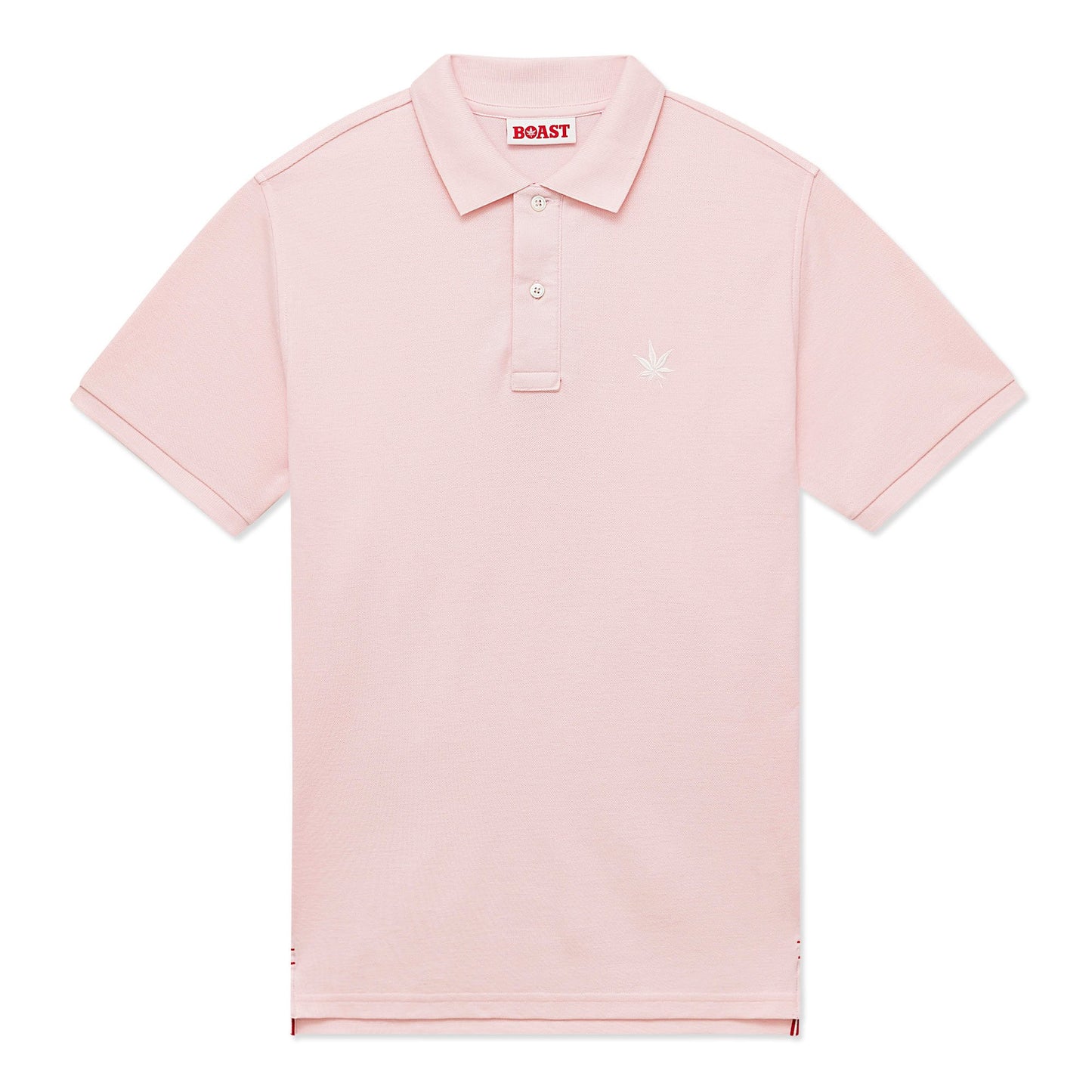 Pink polo with white embroidered leaf on the left chest.