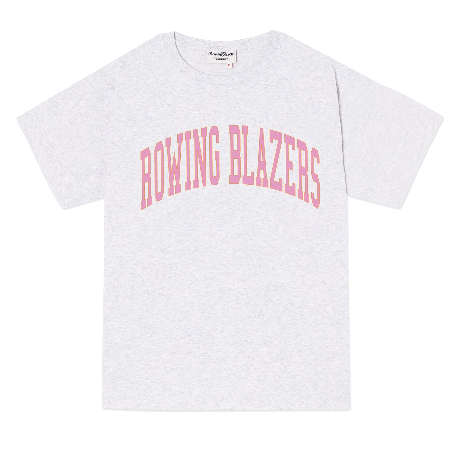 Classic light heather gray collegiate tee with "Rowing Blazers" across the front in pink.