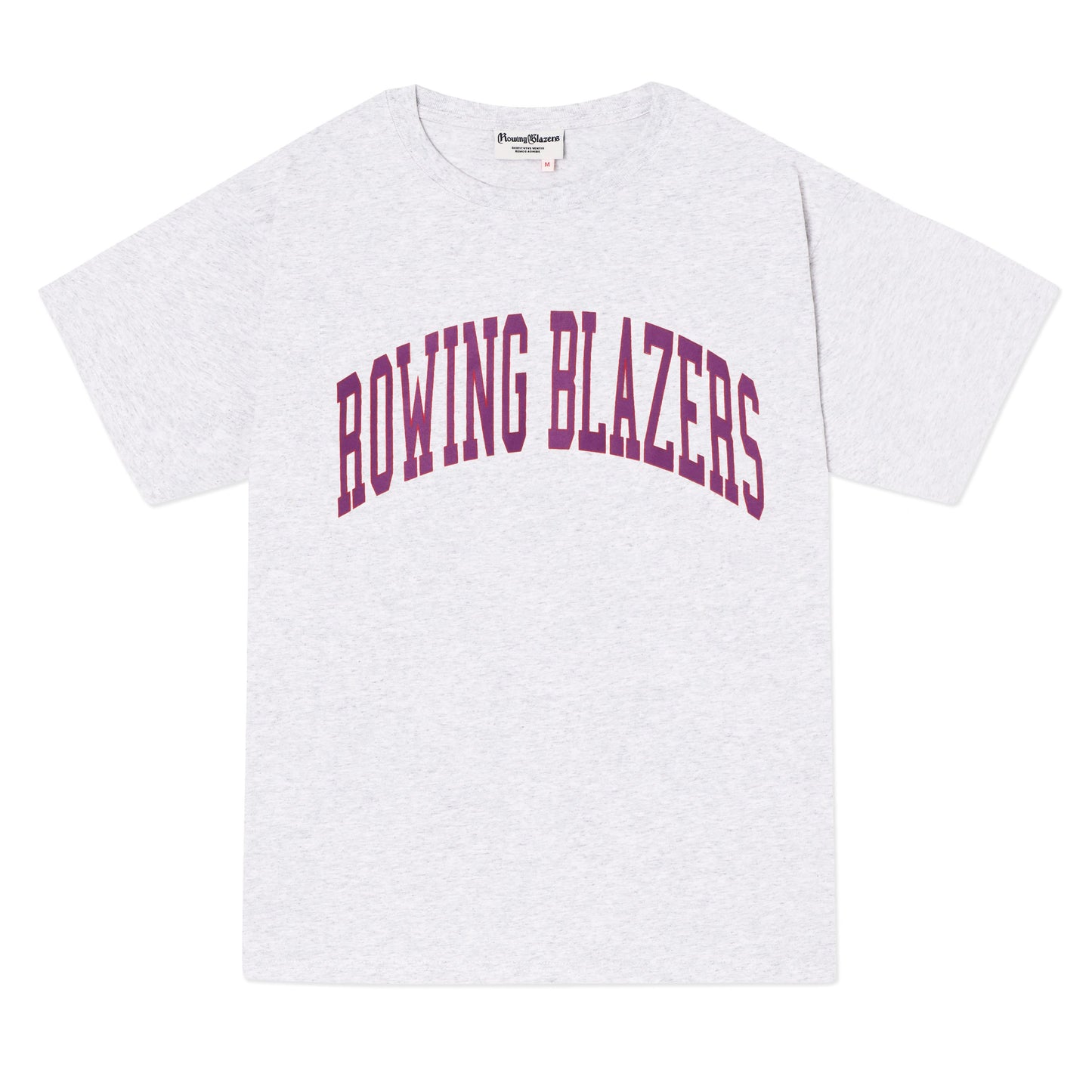 Classic light heather gray collegiate tee with "Rowing Blazers" across the front in purple.