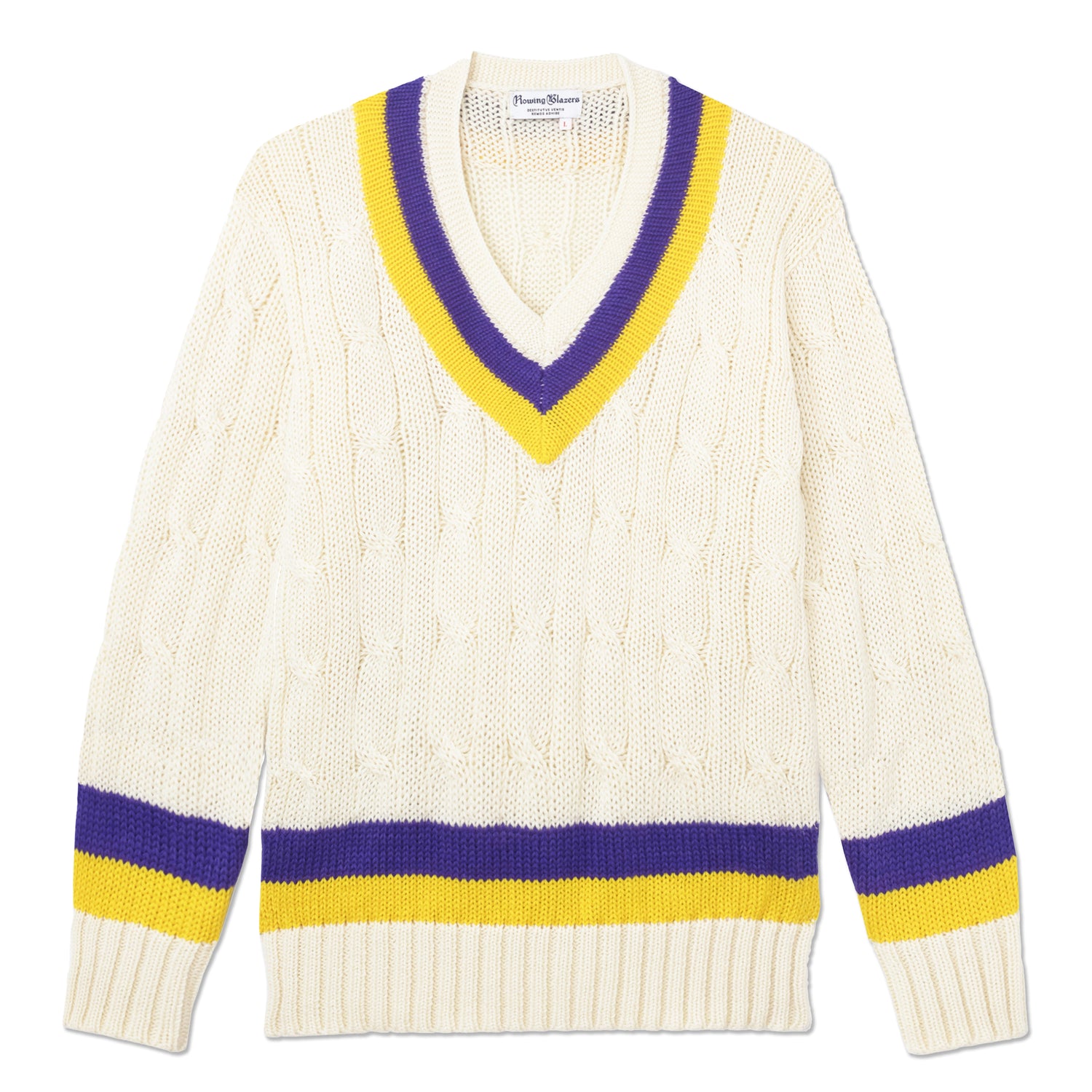 Cable knit cream cricket sweater with purple and yellow stripes around the collar, sleeves, and waist.