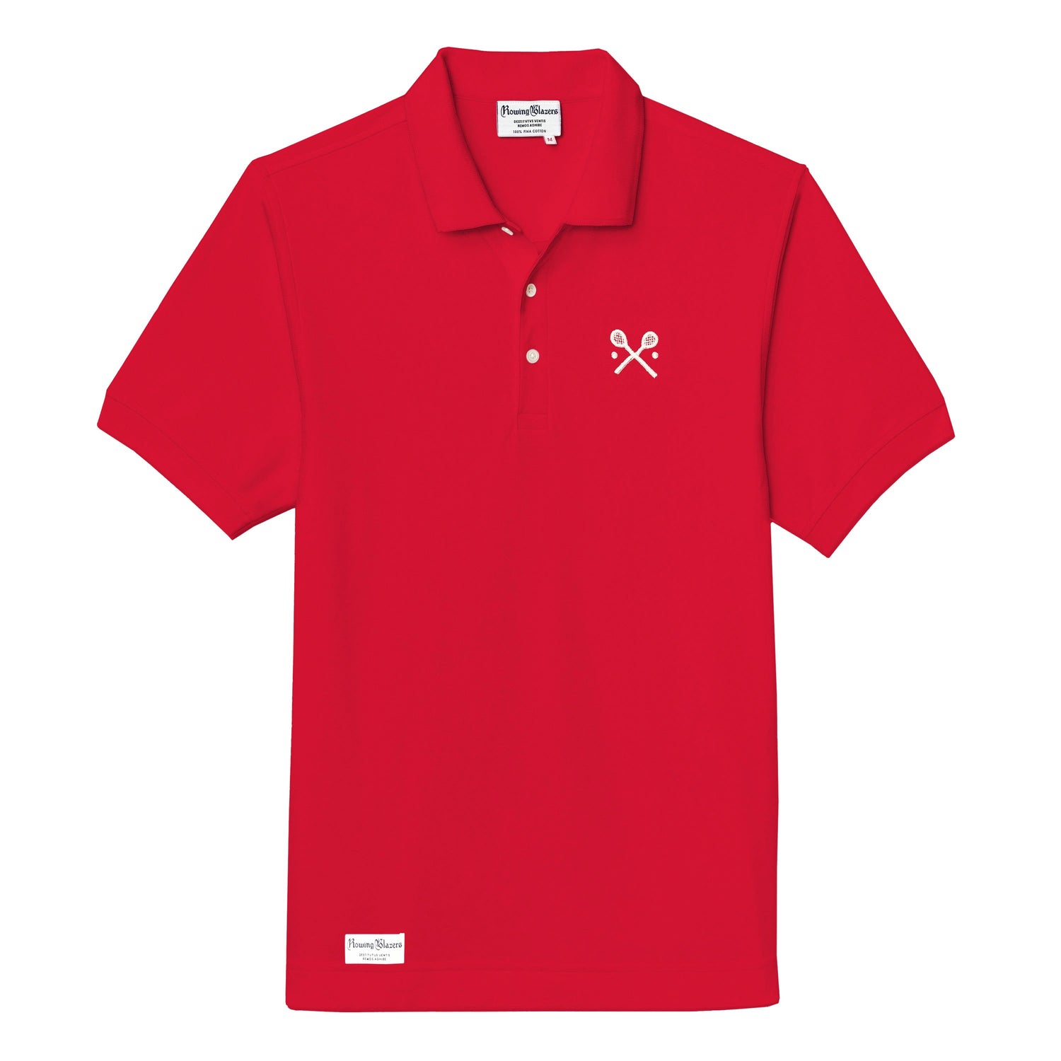 Red polo jersey with embroidered crossed racquets motif.