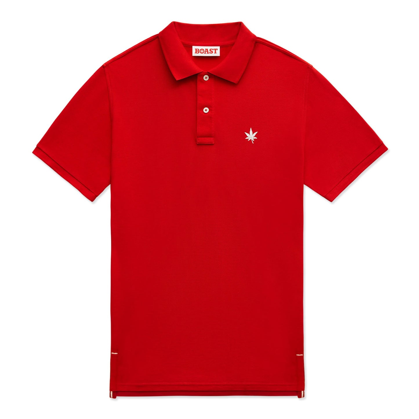 Red polo with white embroidered leaf on the left chest.