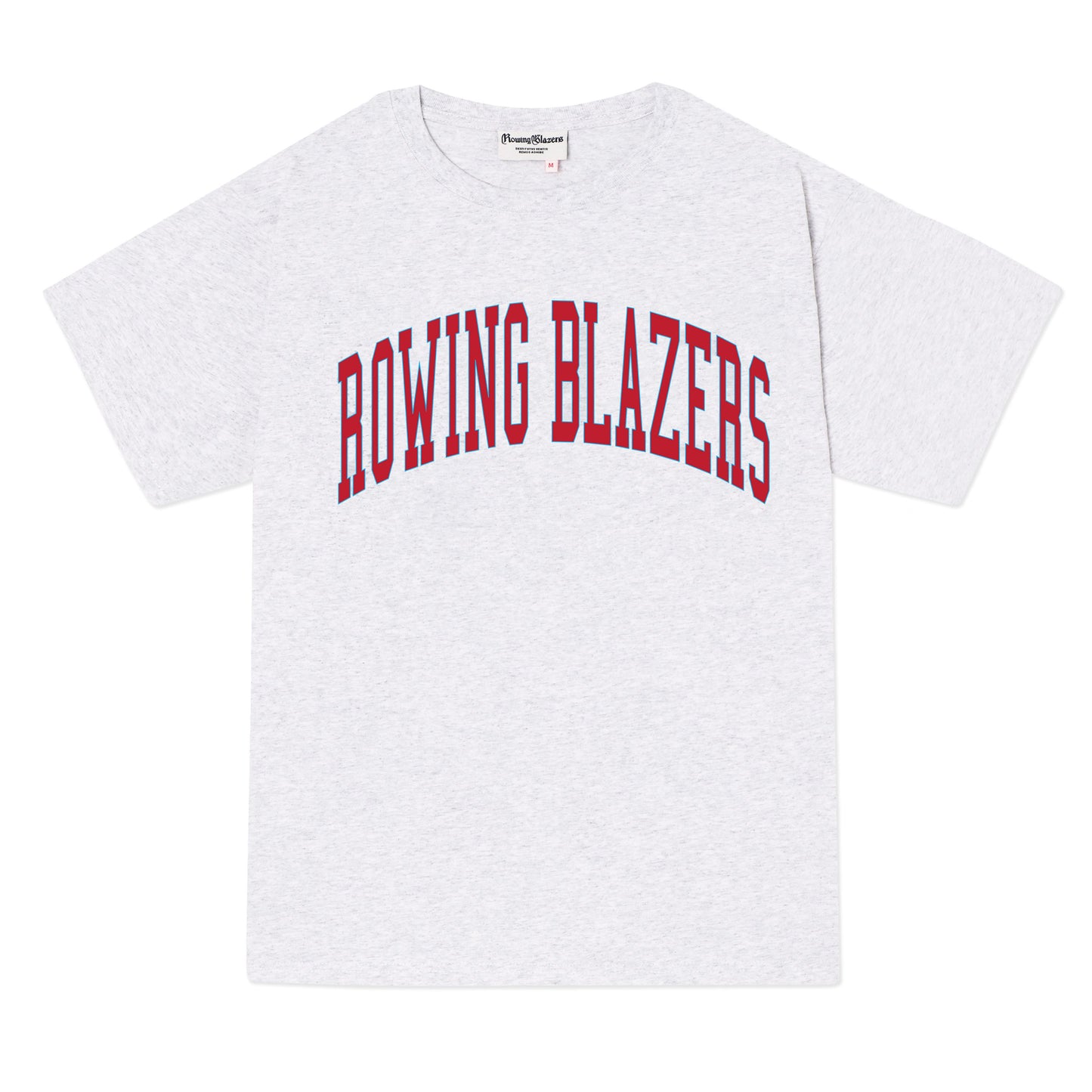 Classic light heather gray collegiate tee with "Rowing Blazers" across the front in red.