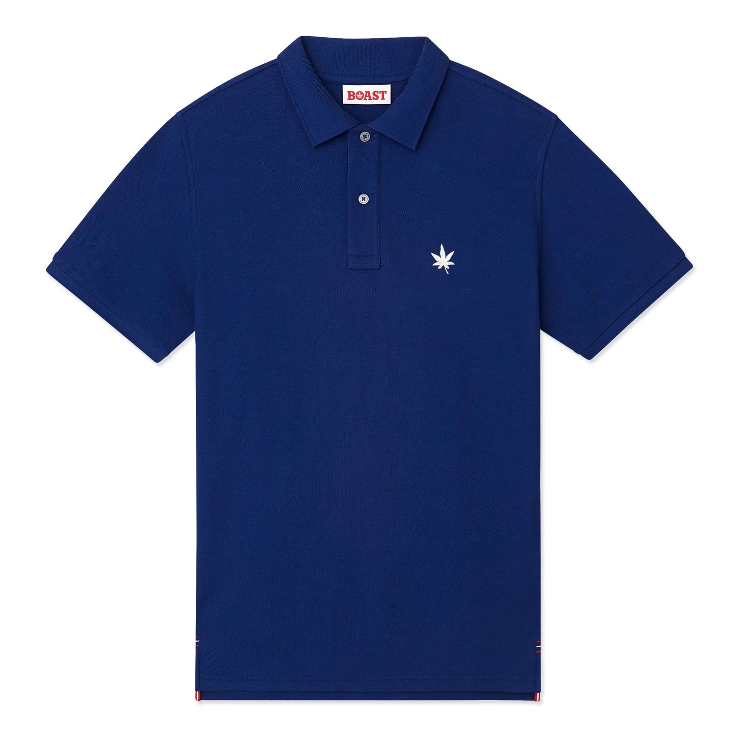 Blue polo with white embroidered leaf on the left chest.