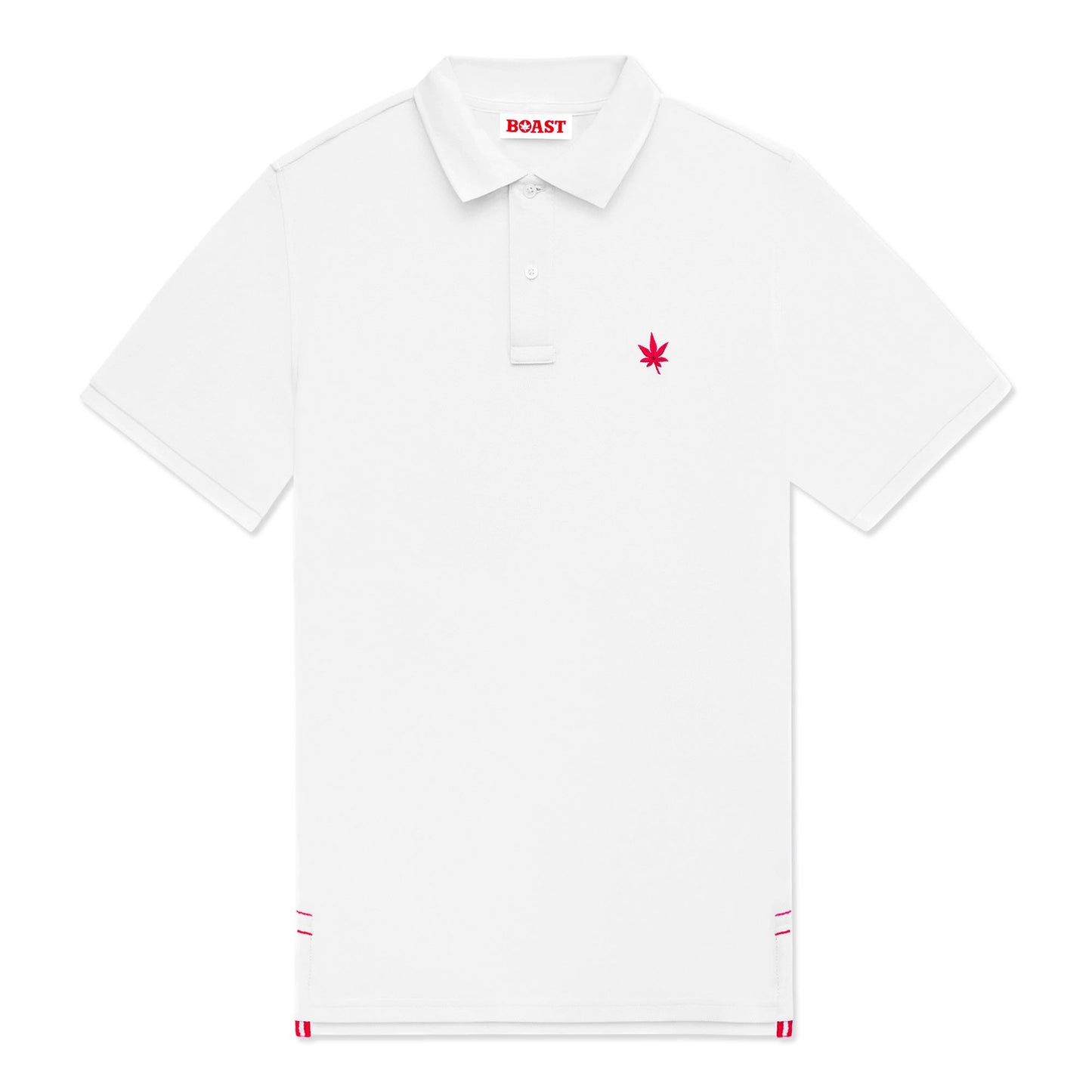 White polo with red embroidered leaf on the left chest.