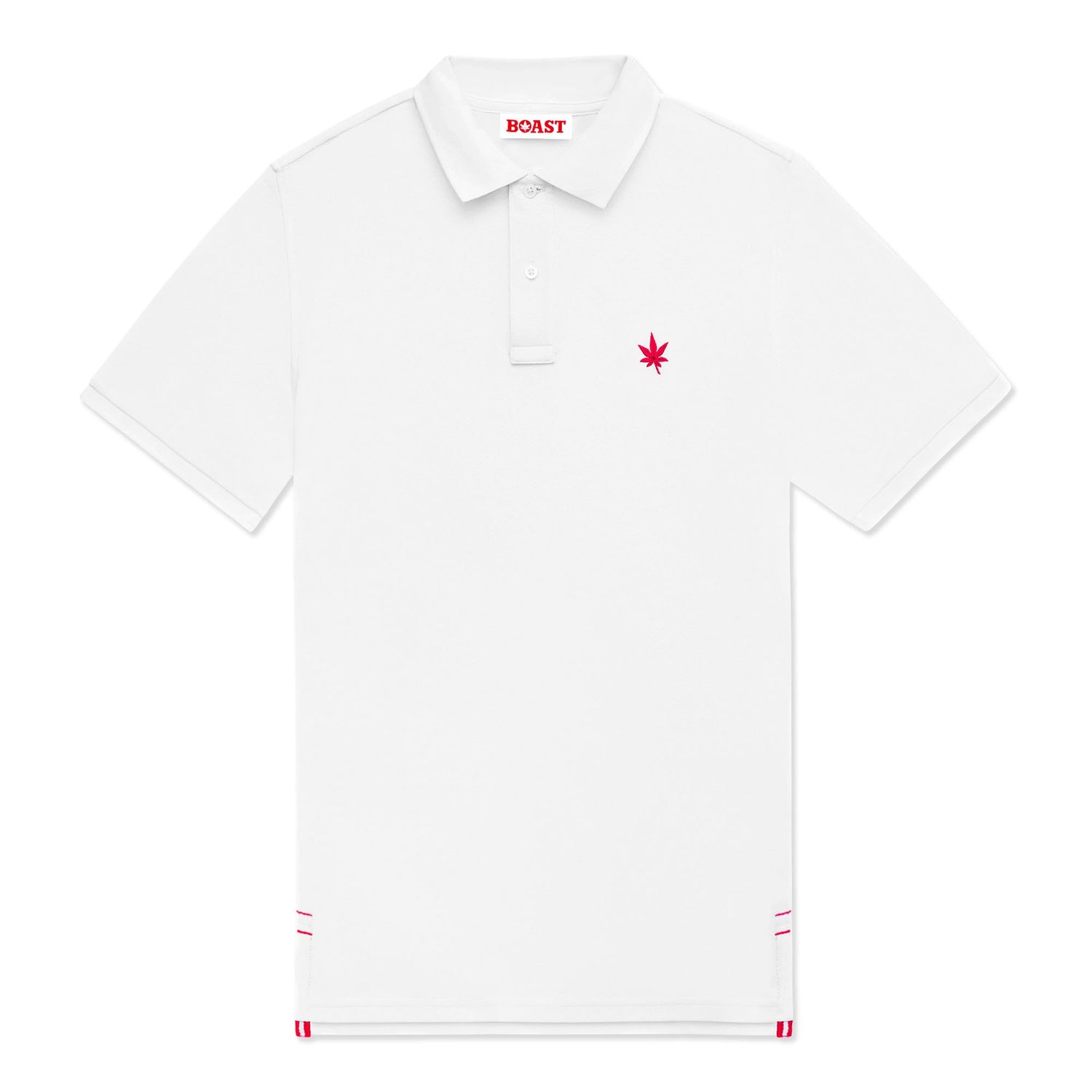 White polo with red embroidered leaf on the left chest.