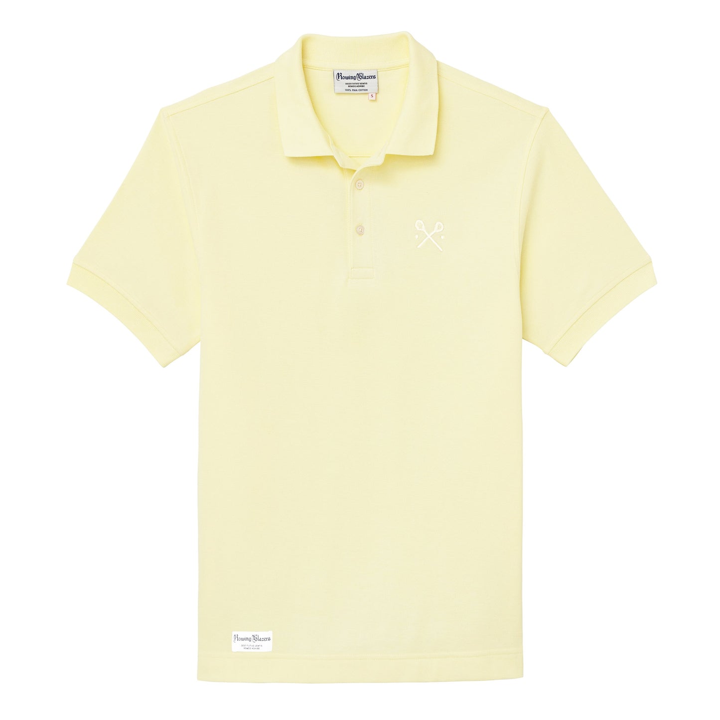 Yellow polo jersey with embroidered crossed racquets motif.