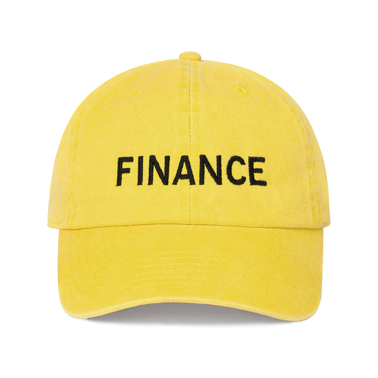 Yellow hat with "FINANCE" stitched across the front.