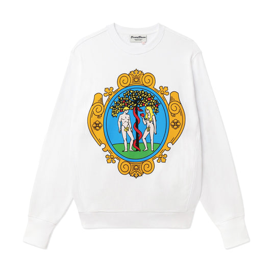 White crewneck screenprinted with Adam & Eve Athletic Club graphic.