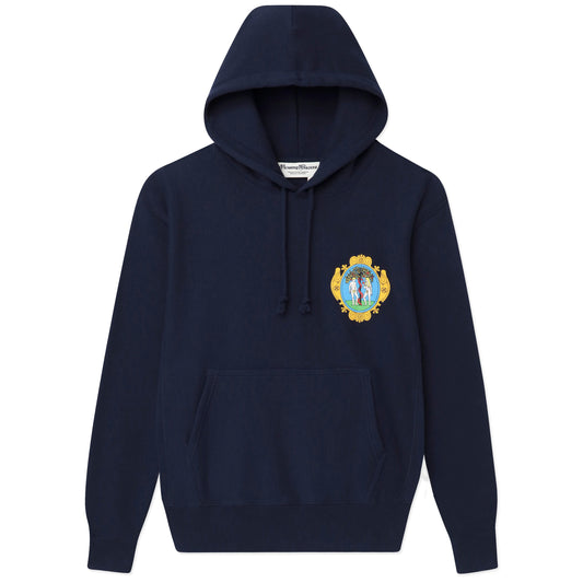 Navy hoodie screenprinted with Adam & Eve Athletic Club graphic on the left chest.