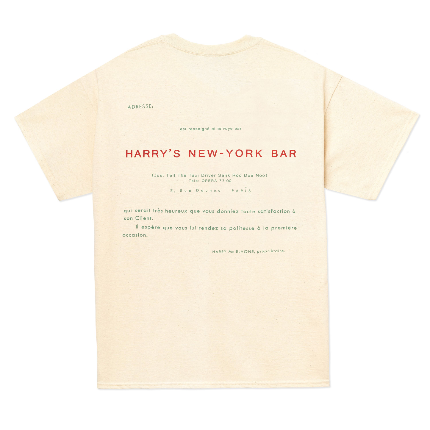 Ivory short sleeve tee printed with Harry's address on the back.