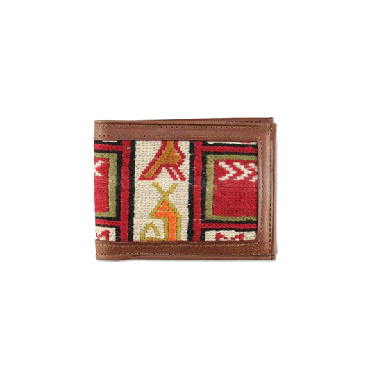 Handwoven vintage Sumak Kilim carpet with soft leather trim.