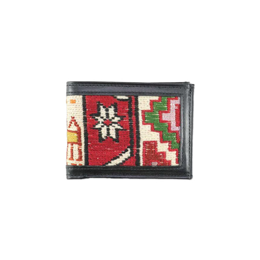 Handwoven vintage Sumak Kilim carpet with soft leather trim.