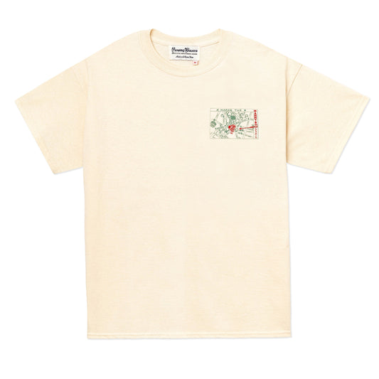 Ivory short sleeve tee printed with map to Harry's on the front chest.