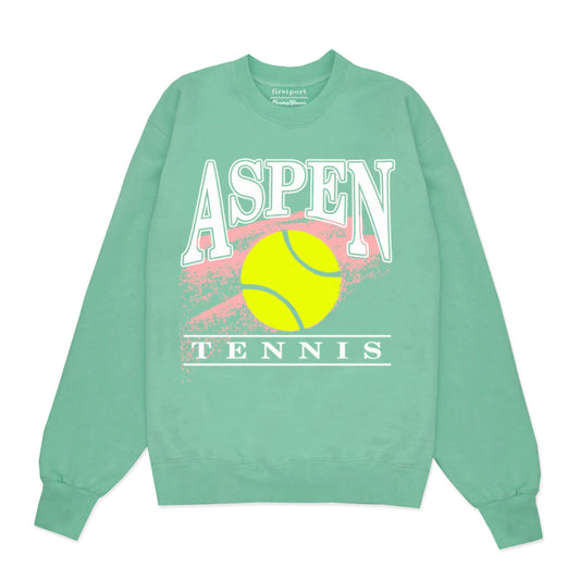 Green crewneck printed with "Aspen Tennis."