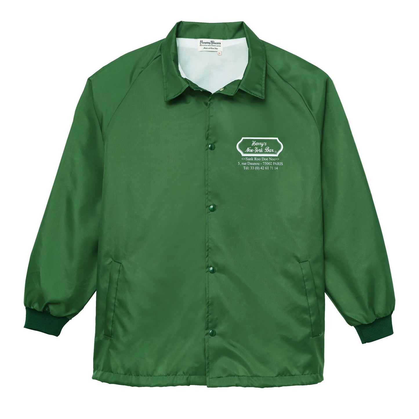 Green nylon coach's jacket emblazoned with Harry's New York Bar address on the front chest.