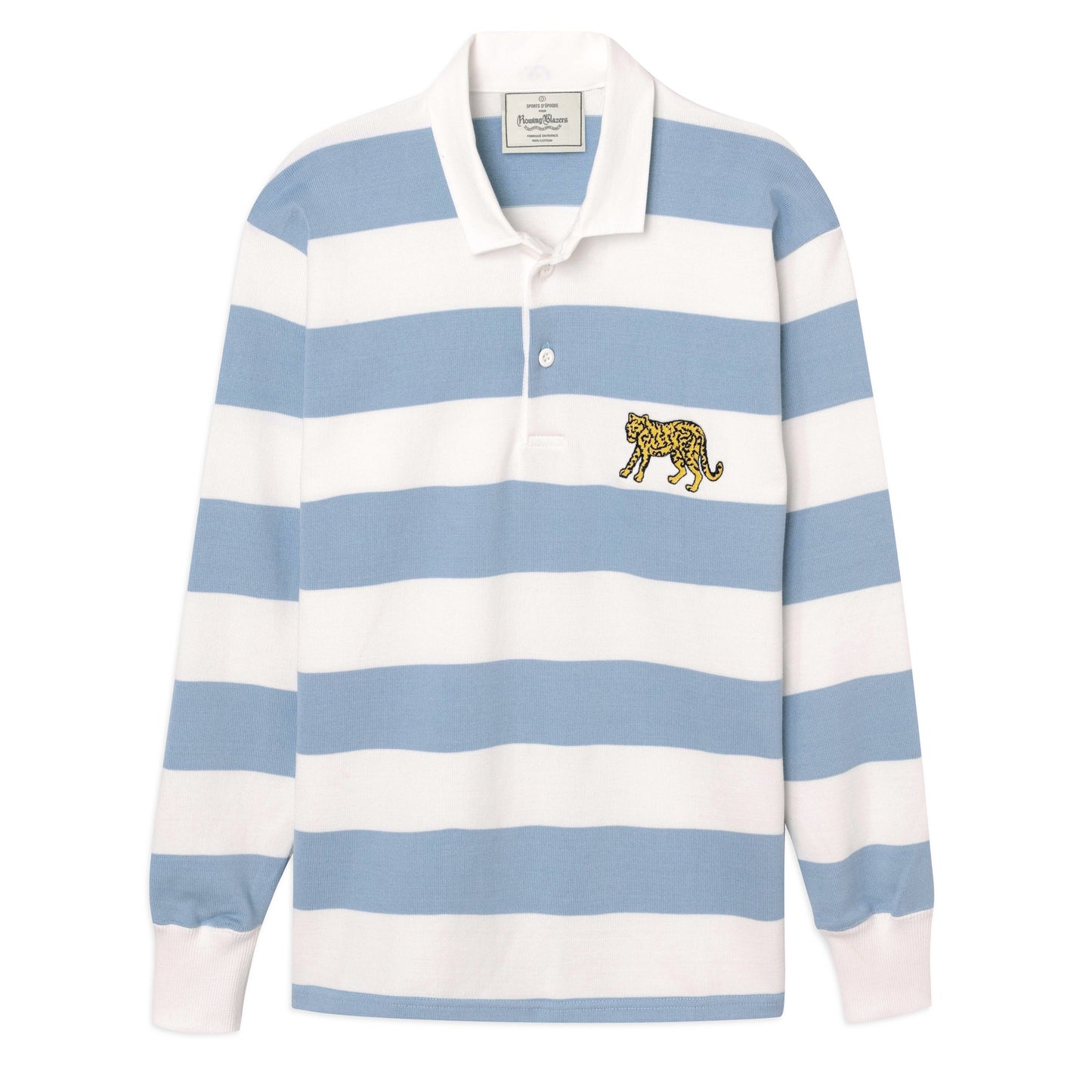 White and light-blue striped rugby jersey with embroidered "puma."