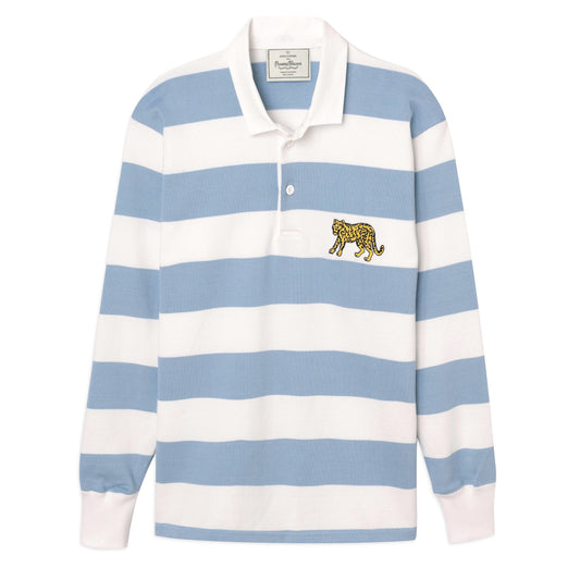 White and light-blue striped rugby jersey with embroidered "puma."