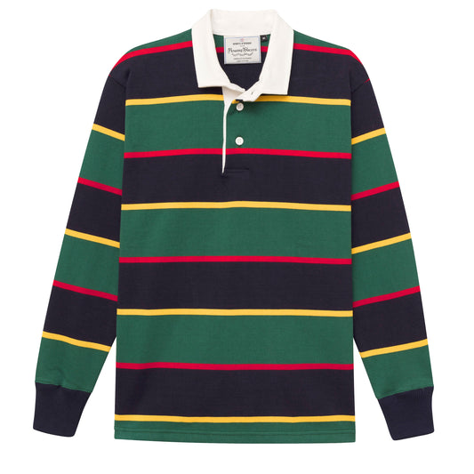 Rugby jersey with green, red, navy and yellow horizontal stripes.