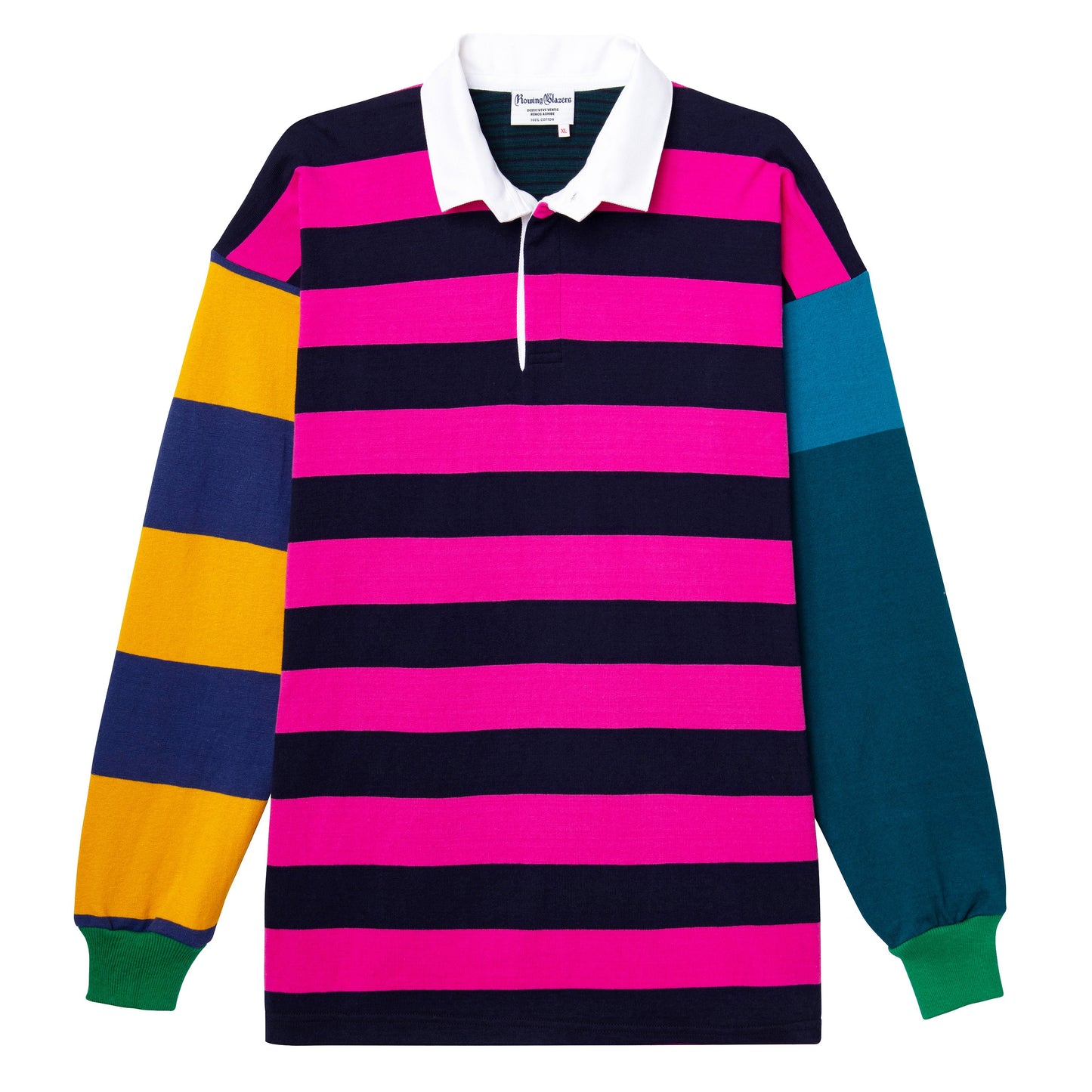 One-of-one striped rugby shirt made from leftover fabric. Hot pink and black stripes on the body, mismatched sleeves in various colors. Each is unique.