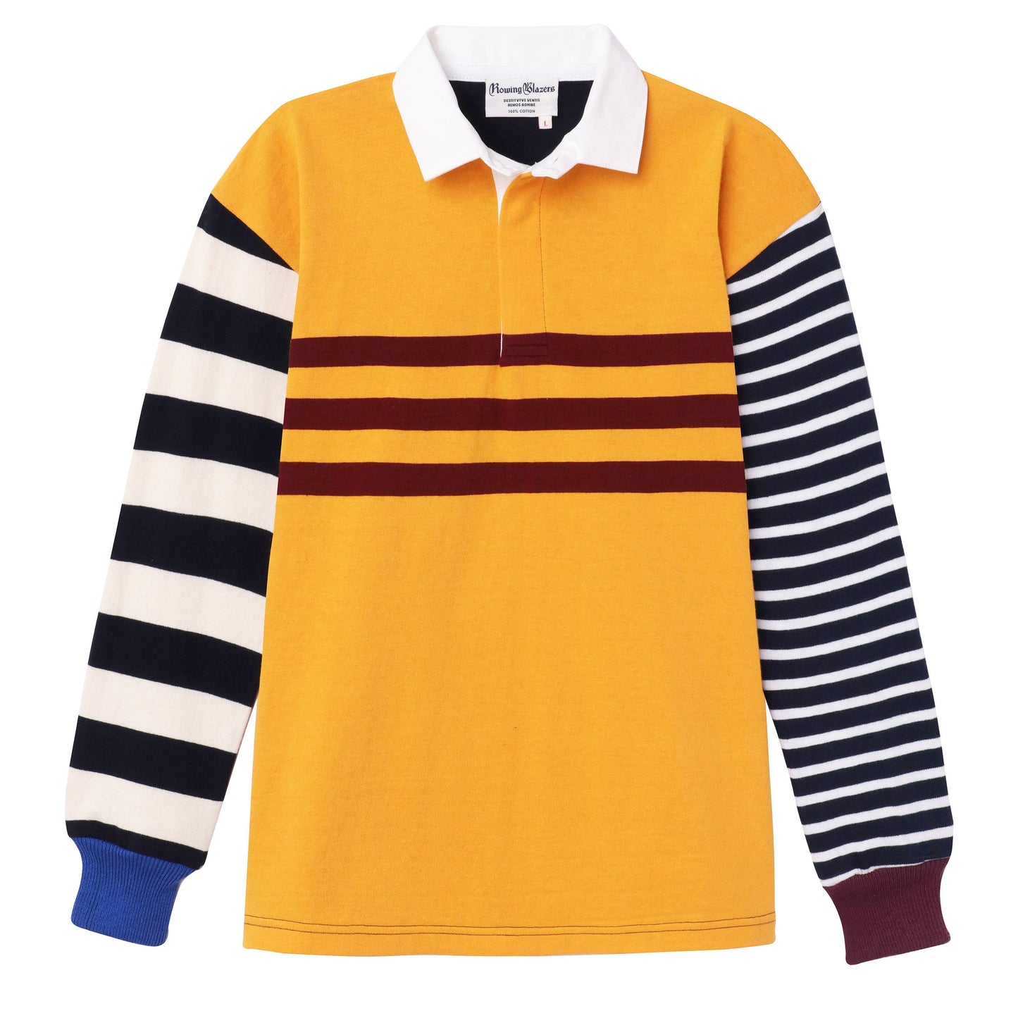 One-of-one striped rugby shirt made from leftover fabric. Yellow with burgundy stripes on the body, mismatched sleeves.  Each is unique.