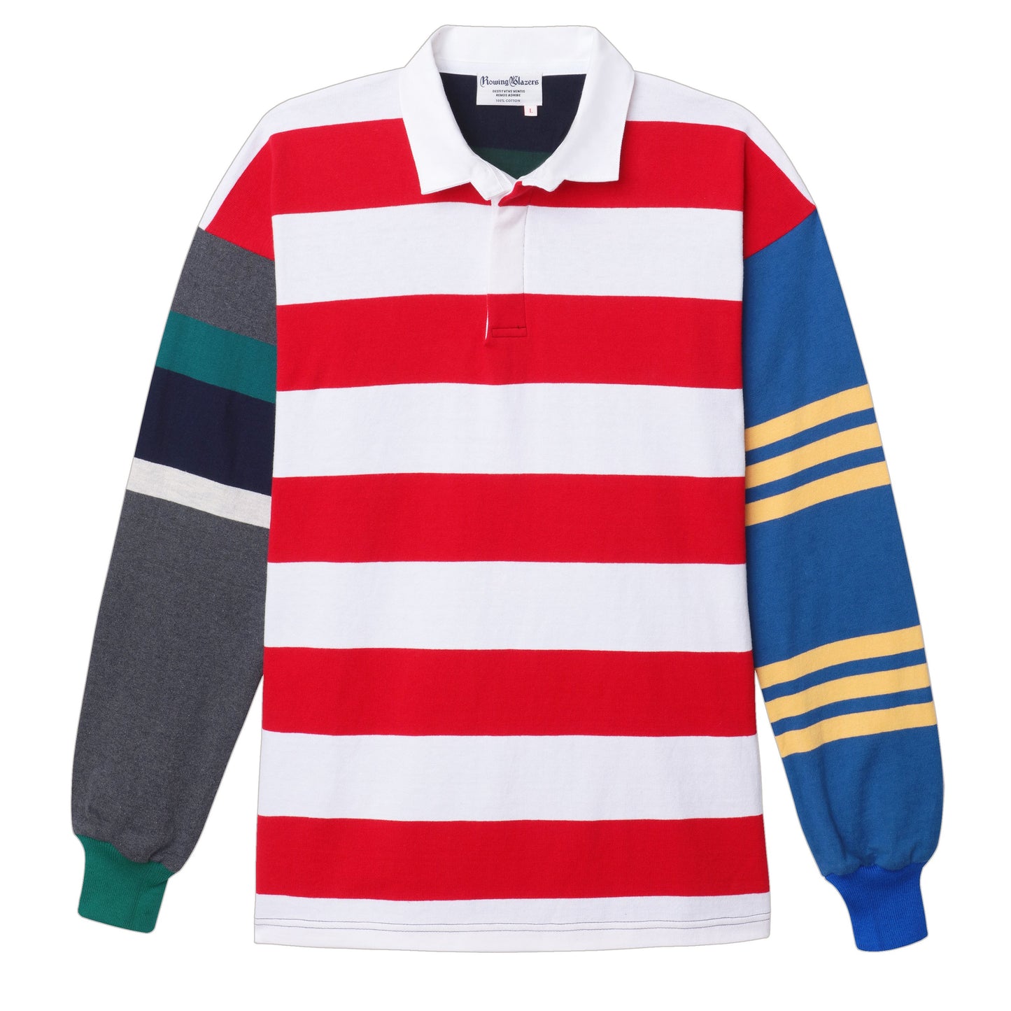 One-of-one striped rugby shirt made from leftover fabric. Red and white body, mismatched sleeves.  Each is unique.