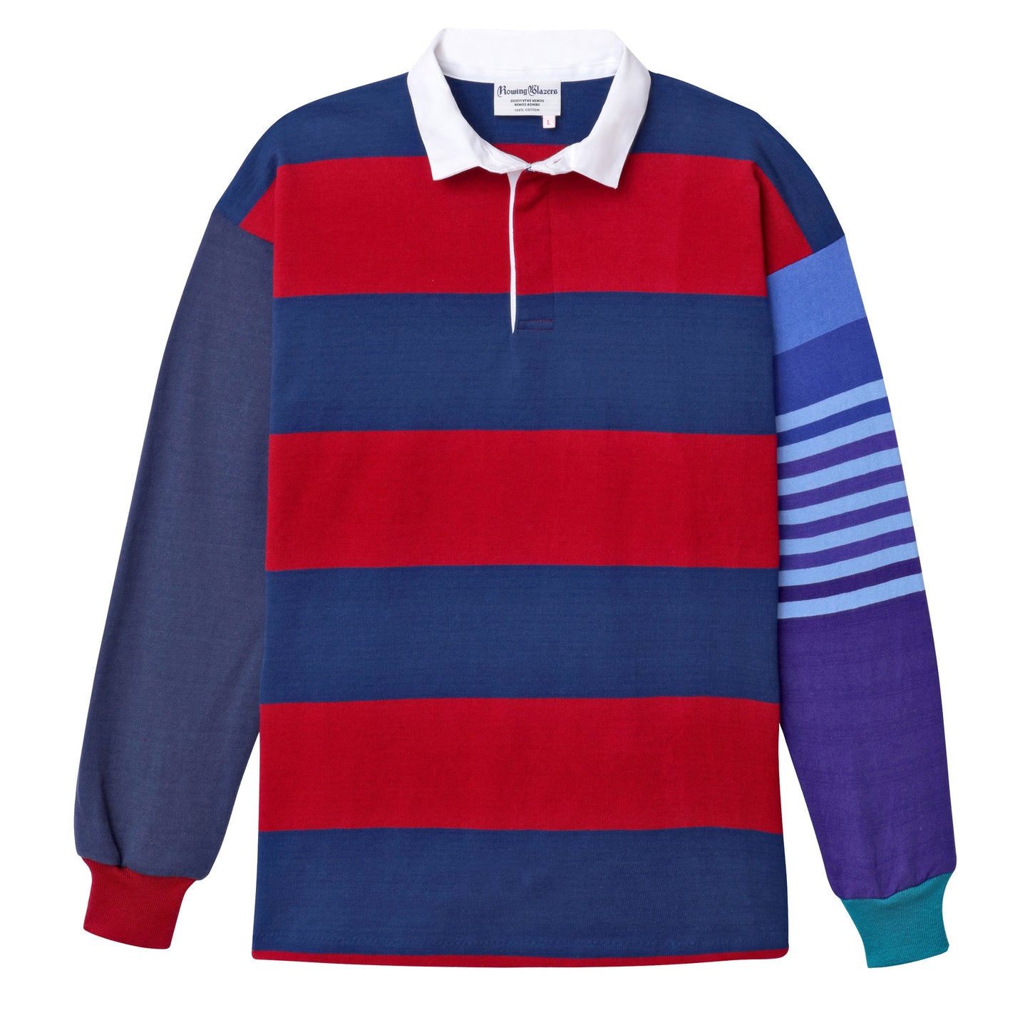 One-of-one striped rugby shirt made from leftover fabric. Blue, red, and purple stripes. Each is unique.