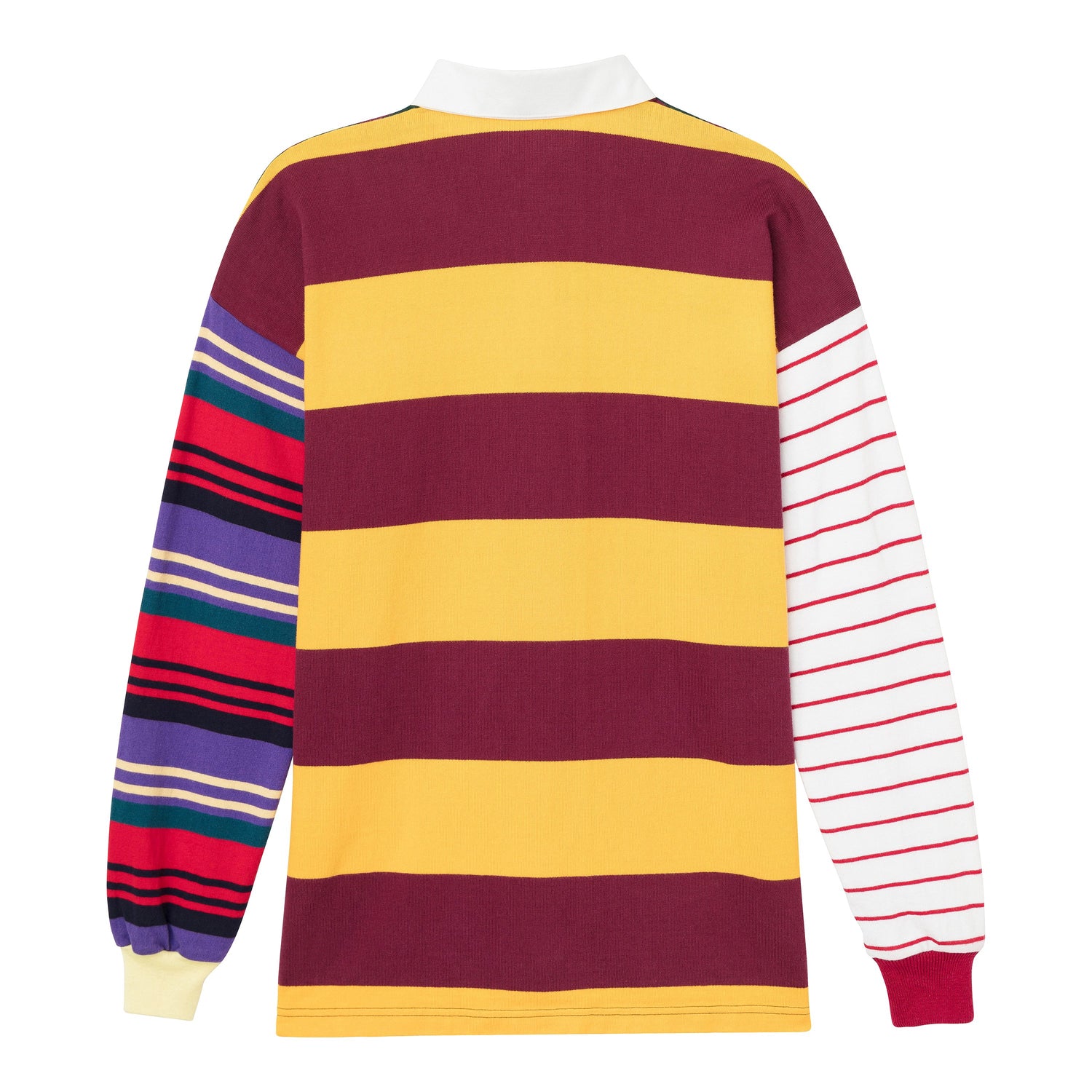 Back of one-of-one striped rugby shirt made from leftover fabric. Each is unique.