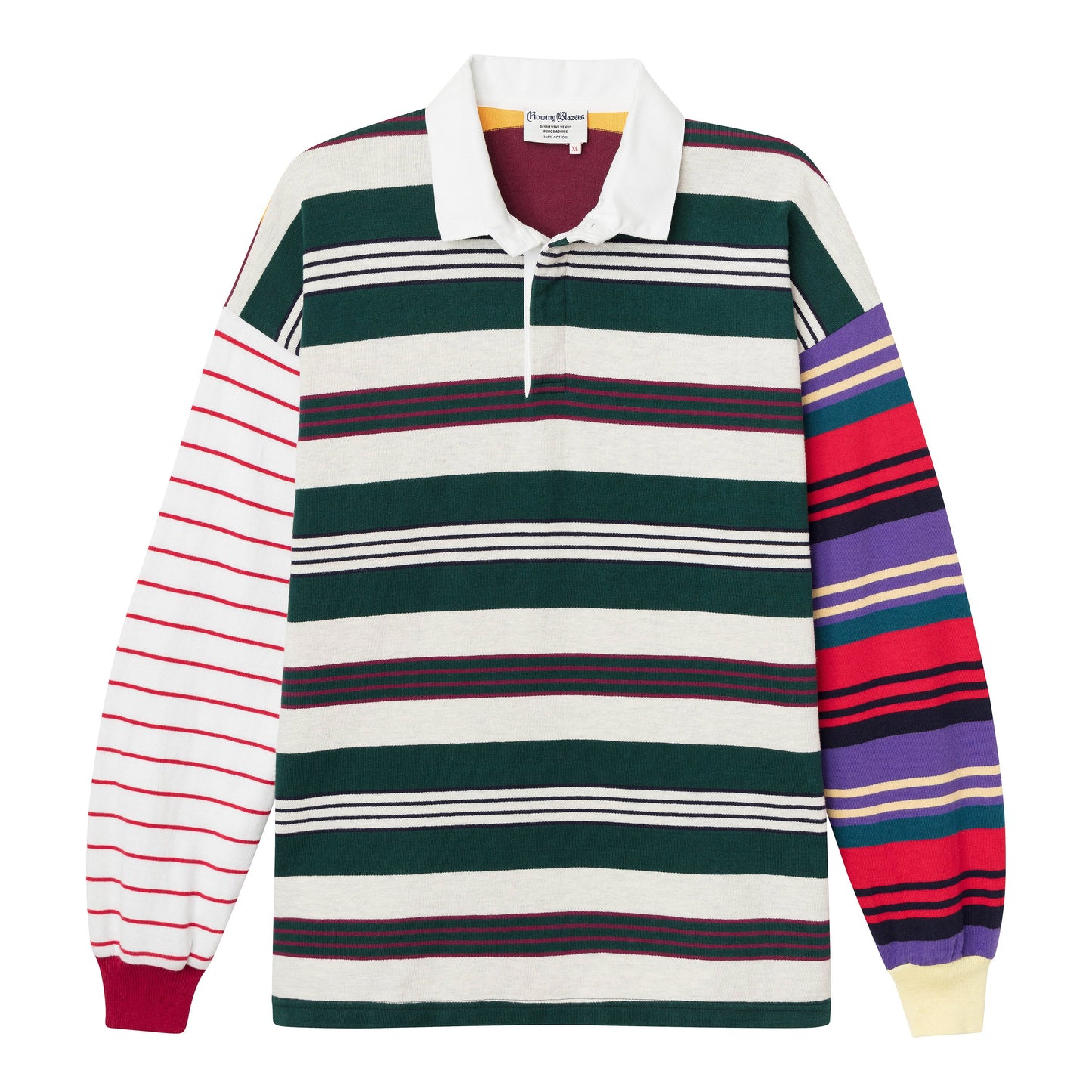 One-of-one striped rugby shirt made from leftover fabric. Green, white, and red stripes on the body and mismatched sleeves. Each is unique.