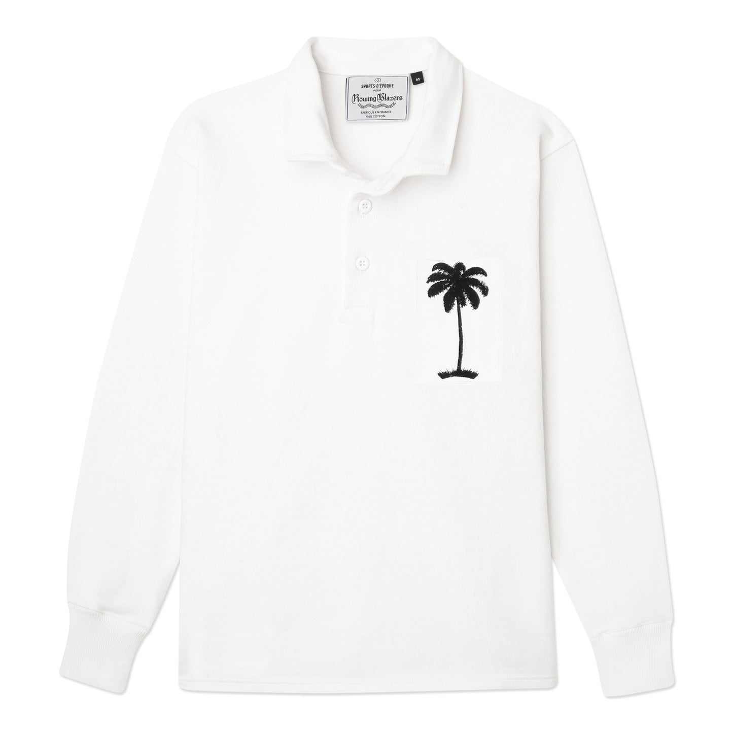 White rugby with stitched palm tree patch.