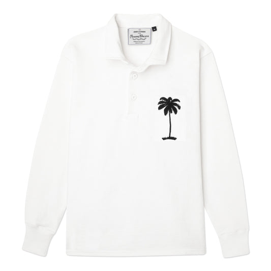White rugby with stitched palm tree patch.