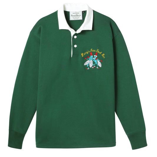 Bottle-green rugby jersey embroidered with Harry's famous bar flies motif. 