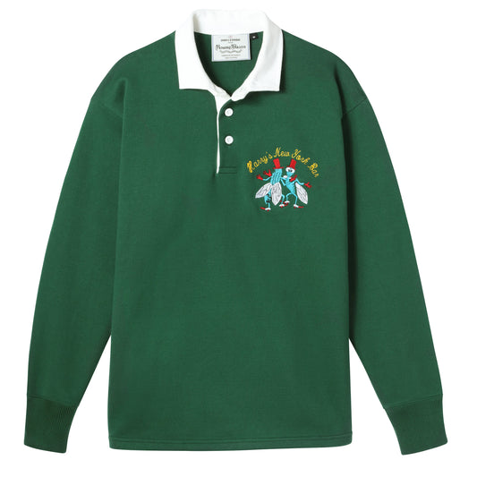 Bottle-green rugby jersey embroidered with Harry's famous bar flies motif.