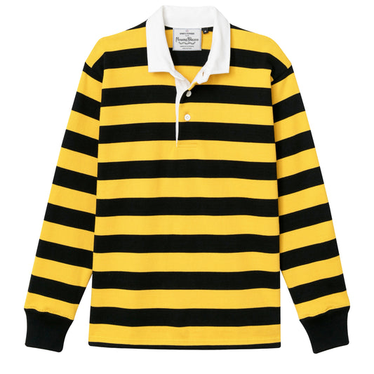 Rugby jersey with black and yellow horizontal stripes.