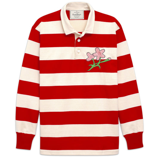 Red and cream striped rugby jersey with embroidered cherry blossoms.