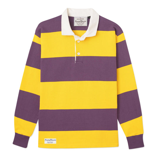 Rugby jersey with purple and gold horizontal stripes. 