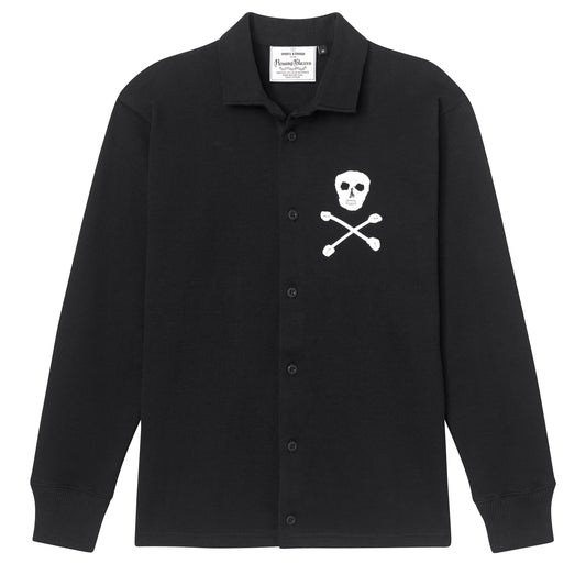 Black rugby overshirt with embroidered skull and crossbones on the left chest.