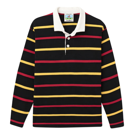 Black rugby with yellow and red horizontal stripes.