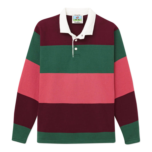 Burgundy, pink and green wide stripe rugby.