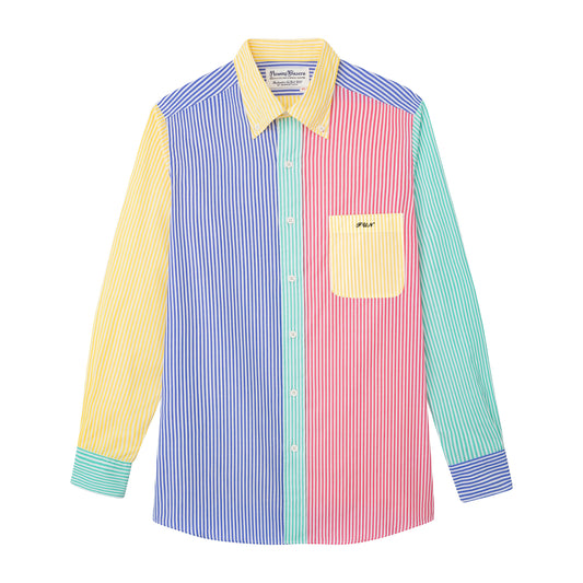 Color block stripe shirt with a soft S-roll button-down collar. 