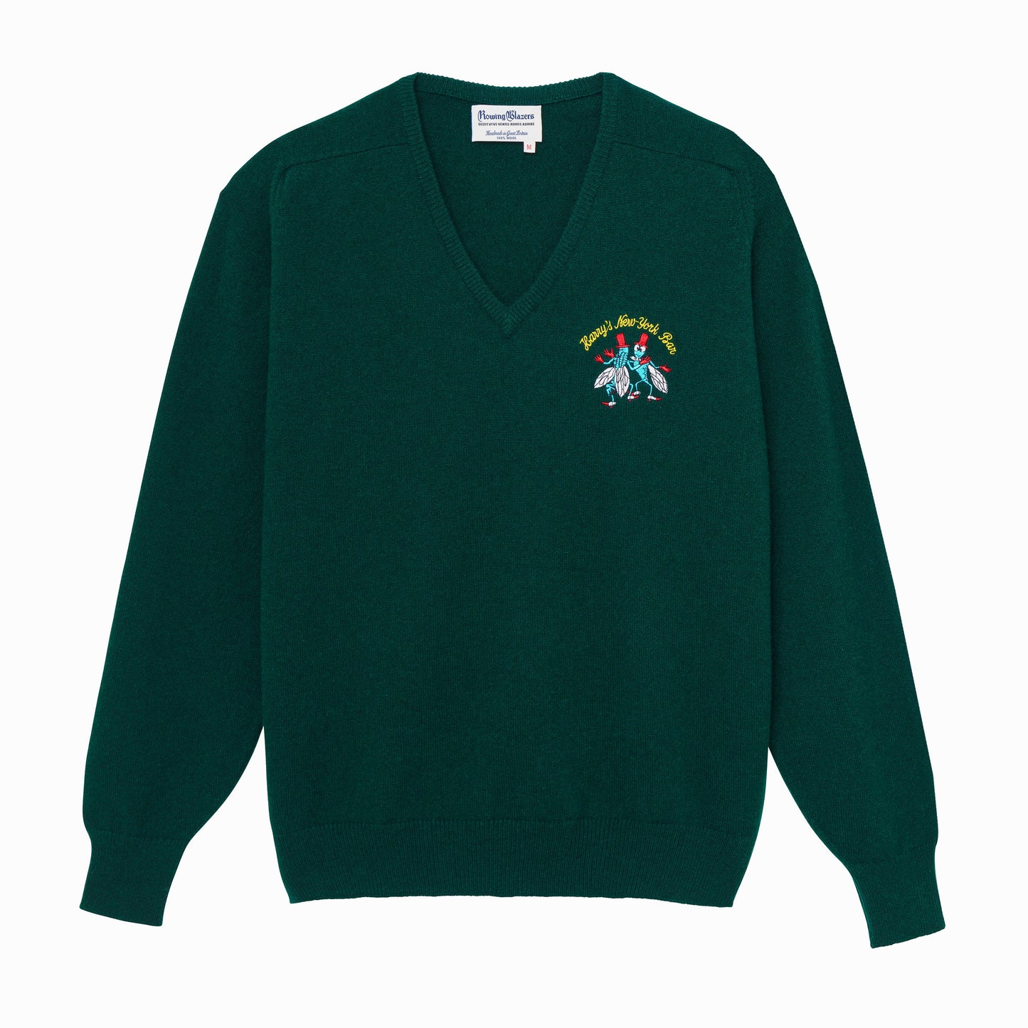 Green sweater emblazoned with Harry's famous bar flies motif. 