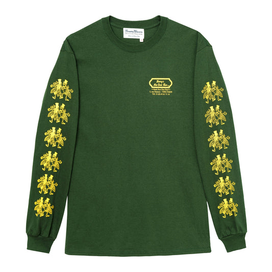 Long sleeve tee printed with Harry's address on the front chest and Harry's famous bar flies motif on the sleeves.